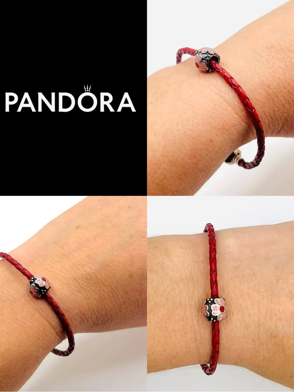 Pandora Moments Dark Pink Burgundy Braided Leather Bracelet w/Flower Bead